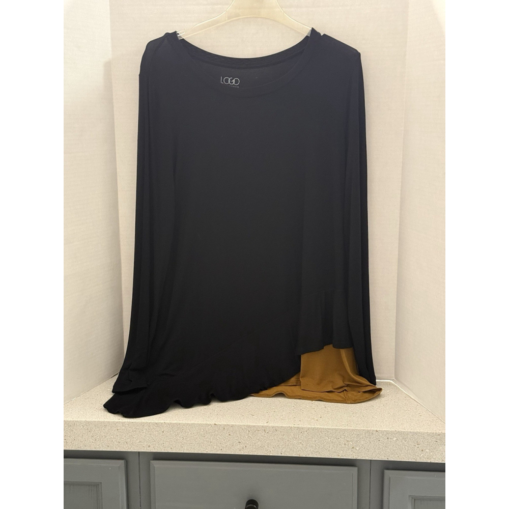 “LOGO” BLK Long Sleeve Tunic Top with Asymmetrical Hem and Gold Lining Large